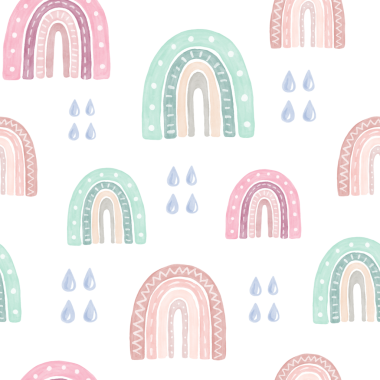 Gökkuşağı ve yağmur damlalarıyla kusursuz desen. Suluboya el çizimi