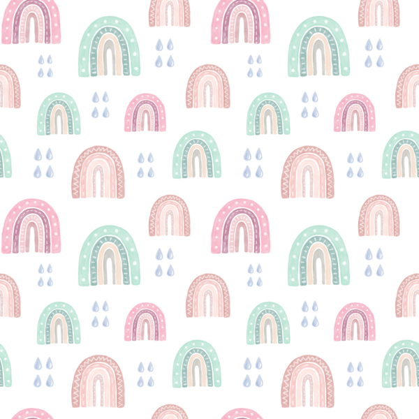 Gökkuşağı ve yağmur damlalarıyla kusursuz desen. Suluboya el çizimi