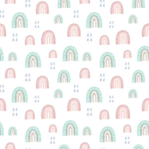 Gökkuşağı ve yağmur damlalarıyla kusursuz desen. Suluboya el çizimi