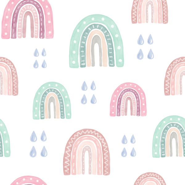 Gökkuşağı ve yağmur damlalarıyla kusursuz desen. Suluboya el çizimi