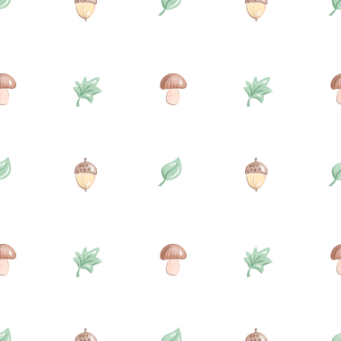 Mantar, meşe palamudu ve yapraklarla kusursuz desen.