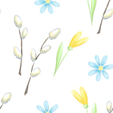 Söğüt dalları ile bahar, pürüzsüz çiçek deseni