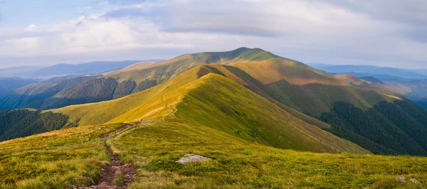 Panorama sıradağlarının şafakta. Yaz dağ manzarası. Sazan