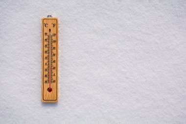 Beyaz kar yüzeyinde Celsius ve Fahrenheit termometresi. Boşluğu kopyala