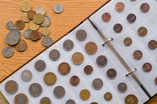 Pagina van numismatiek album met verschillende munten — Stockfoto