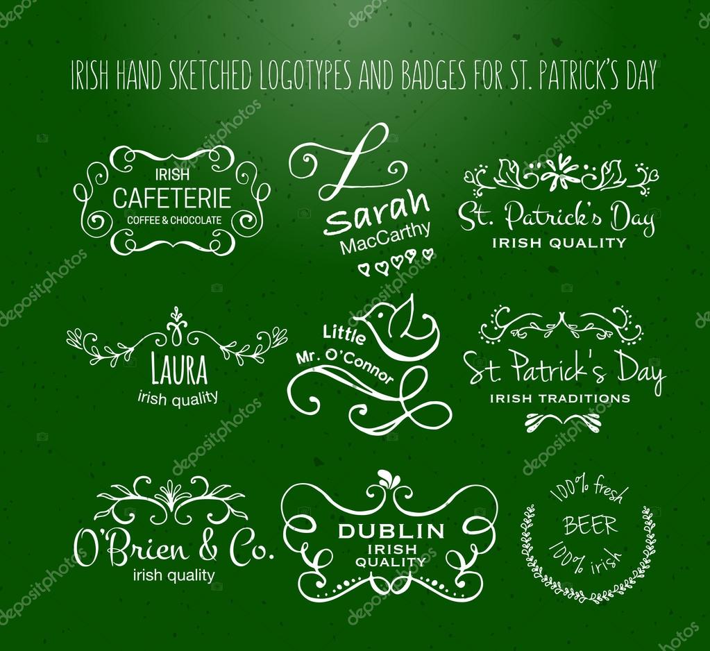 Vector collection of Irish hand drawn logo templates. Irish brew house, beer, dessert, jewellery, bakery logotypes. Vintage badges and icons. Hand sketched modern icons. St.Patrick's Day labels