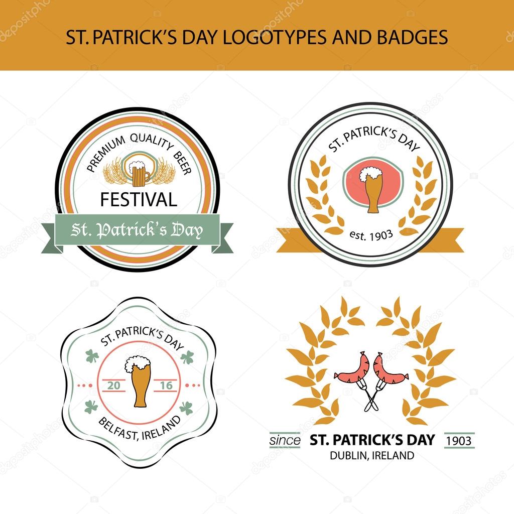 Vector collection of Irish hand drawn logo templates. Irish brew house, beer, dessert, jewellery, bakery logotypes. Vintage badges and icons. Hand sketched modern icons. St.Patrick's Day labels