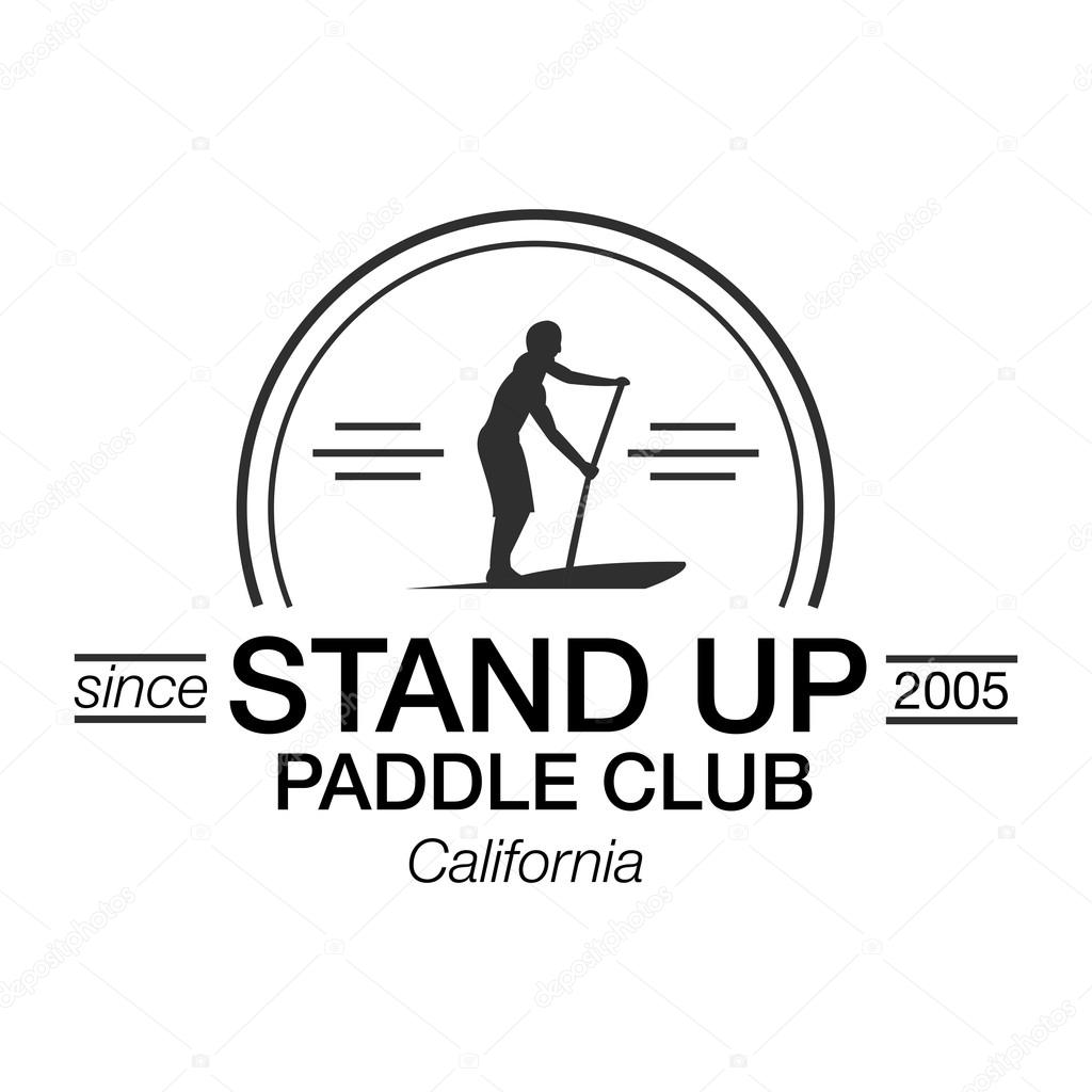 Black and white logo template for stand up paddling. Athletic labels and badges.