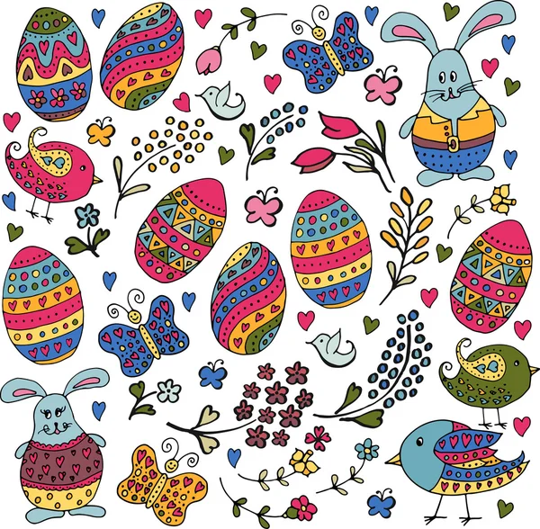 Esquissé à la main Happy Easter objects set avec des objets de Pâques — Image vectorielle