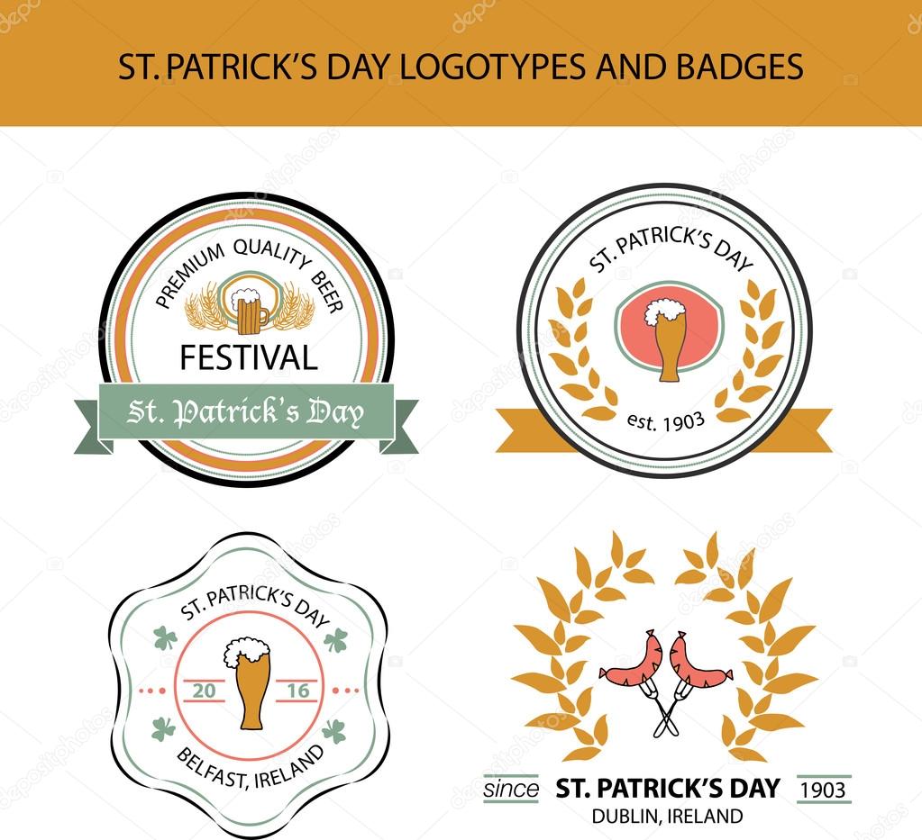 Vector collection of Irish hand drawn logo templates. Irish brew house, beer, dessert, jewellery, bakery logotypes. Vintage badges and icons. Hand sketched modern icons. St.Patrick's Day labels.