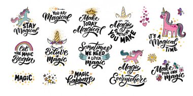 El çizimi tek boynuzlu at vektör illüstrasyonunda harflerden alıntılar var. Çocuklar için motivasyon alıntısı kavramı