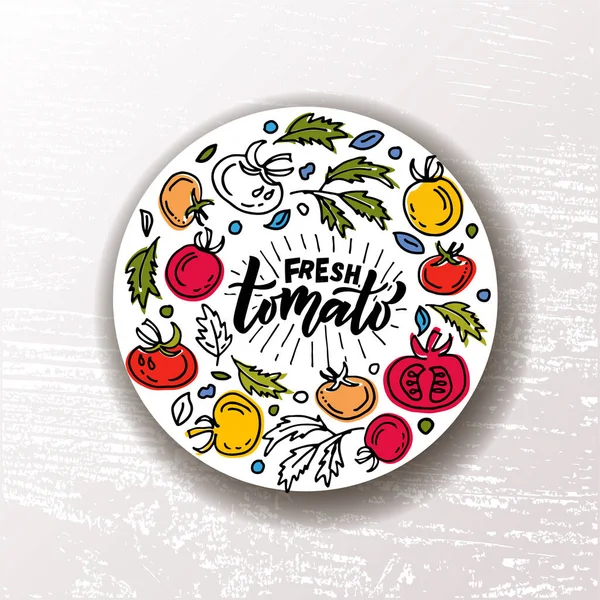 손으로 그린 토마토 제품의 활자체. 농산물 시장에 대한 개념, 유기농 식품, 천연물 디자인 — 스톡 벡터
