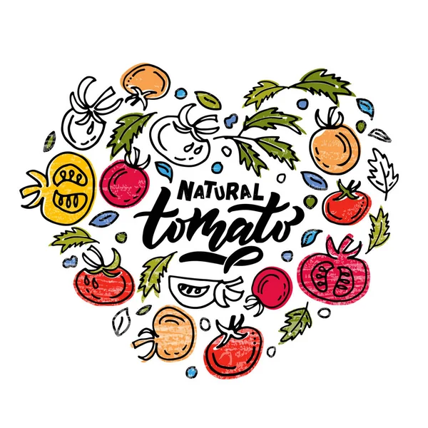 Ručně načrtnuté typografie rajčatových produktů. Koncept pro zemědělce na trhu, ekologické potraviny, design přírodního produktu — Stockový vektor