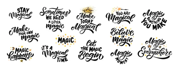 Ręcznie szkicowana ilustracja wektora magii z cytatami typograficznymi. Motywacyjne cytaty z magii dla dzieci — Wektor stockowy