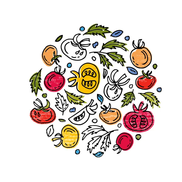 Ручной набросок томатного продукта. Концепция для фермерского рынка, органические продукты питания, дизайн натуральных продуктов, сок, соус, кетчуп — стоковый вектор