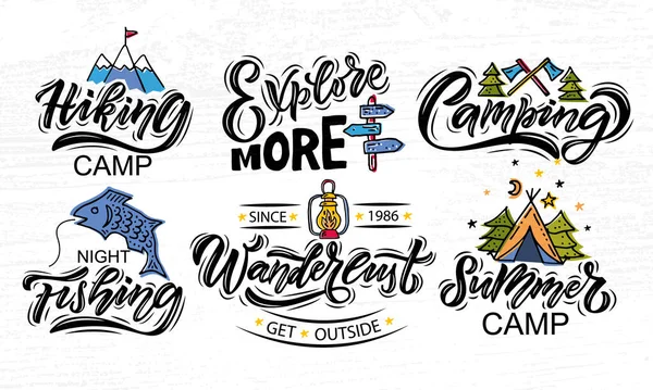 Hand sketched Camping set lettering typography. Concept for hiking camp, camping, night fishing camp, summer camp