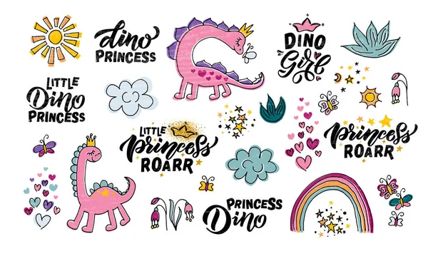 Ręcznie szkicowany różowy dino ilustracja z typografią liternictwa. Koncepcja nadruku koszulki dla dzieci. Różowe logotypy dinozaurów — Zdjęcie stockowe
