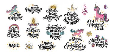 Harfli tipografi alıntılarıyla tek boynuzlu at çizimi. Çocuk tişörtü için motivasyon alıntısı kavramı