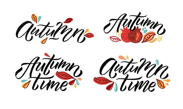 Ilustração vetorial de outono com tipografia de letras de outono. Ícone de outono, crachá, cartaz, banner com assinatura. Maçã — Vetor de Stock