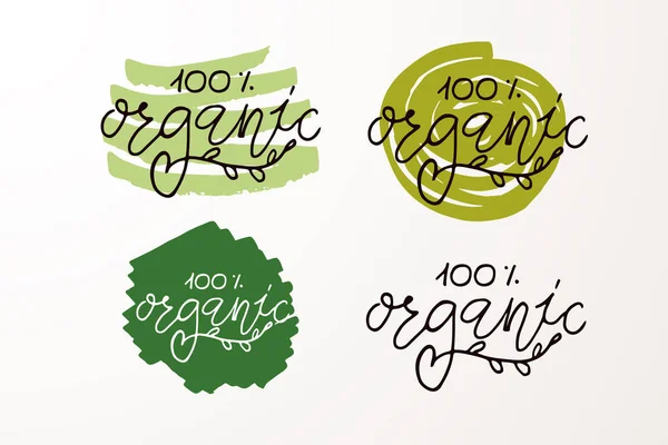Badges et étiquettes esquissés à la main avec régime alimentaire végétarien, végétalien, cru, éco, bio, naturel, frais, sans gluten et sans OGM — Image vectorielle