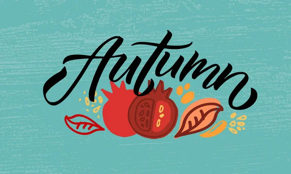 Ilustración vectorial otoñal con tipografía de letras de otoño. Icono de otoño, insignia, póster, pancarta con firma. Manzana — Vector de stock