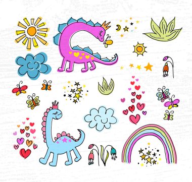 El çizimi pembe dino vektör çizimi seti. Çocuk tişörtü baskısı kavramı. Pembe dino logosu, rozet, simge