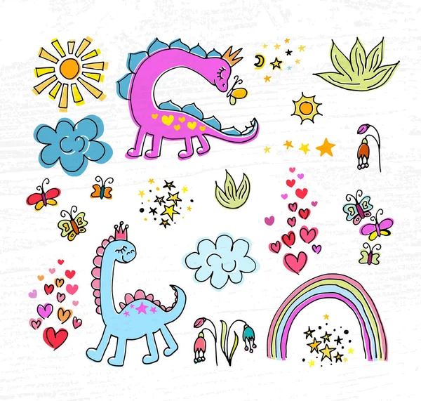 El çizimi pembe dino vektör çizimi seti. Çocuk tişörtü baskısı kavramı. Pembe dino logosu, rozet, simge