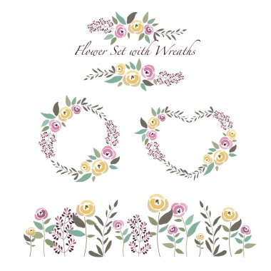 vector illustration of flowers and flower wreaths set in flat de clipart