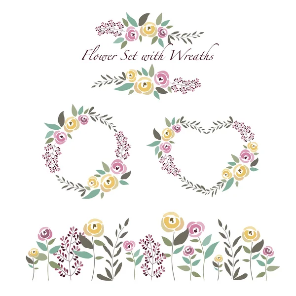 Vector illustration of flowers and flower wreaths set in flat de — Διανυσματικό Αρχείο