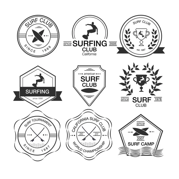 Набор различных шаблонов логотипов для серфинга. Векторная атлетика — стоковый вектор
