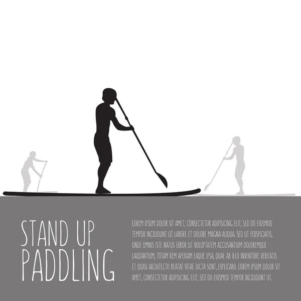 Ilustración vectorial de tres hombres con stand up paddle boards y — Archivo Imágenes Vectoriales