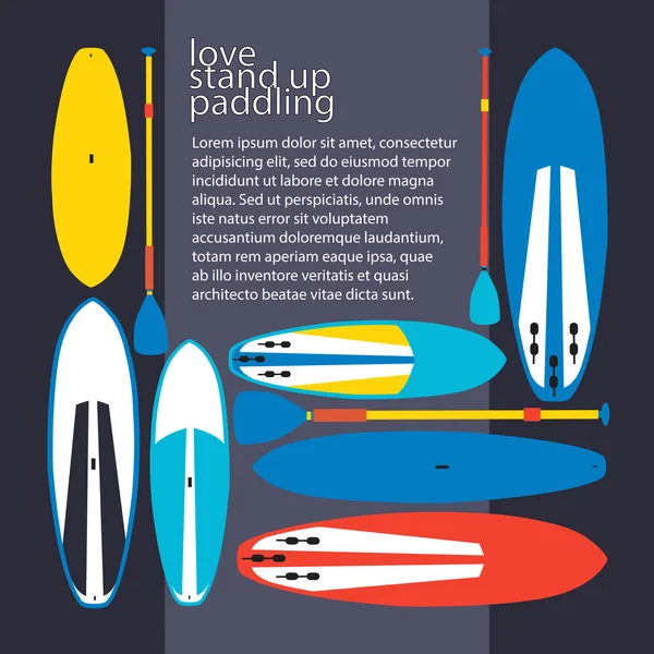 Vector illustration of stand up paddle boards and paddles set in