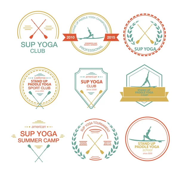 Set of different logotype templates for stand up paddle yoga — Stock Vector