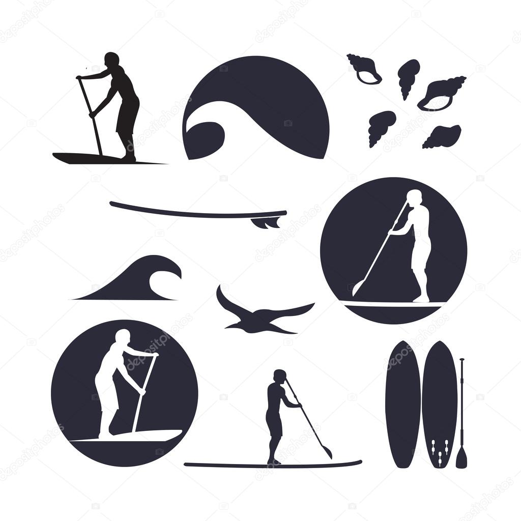 vector illustration of stand up paddling silhouette icon set in 