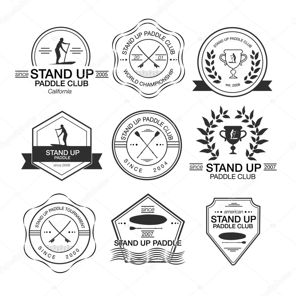 Set of different logotype templates for stand up paddling. Vector athletic labels and badges. Vector flat design style illustration of icons. Template for postcard, personal card or print.