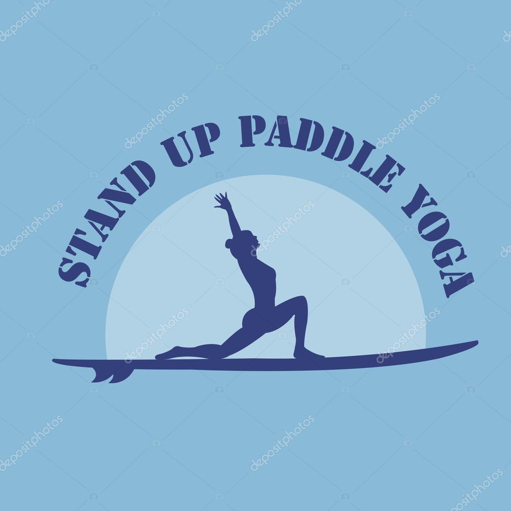Vector flat design style illustration of stand up padlle yoga logotype with stand up paddle and woman silhouette. Template for postcard, personal card or print.