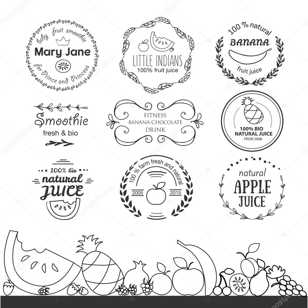Set of different hand drawn logotype templates for fruit smoothie and juice. Vector fruit labels and badges. Vector flat design style illustration of icons. Template for personal card or print