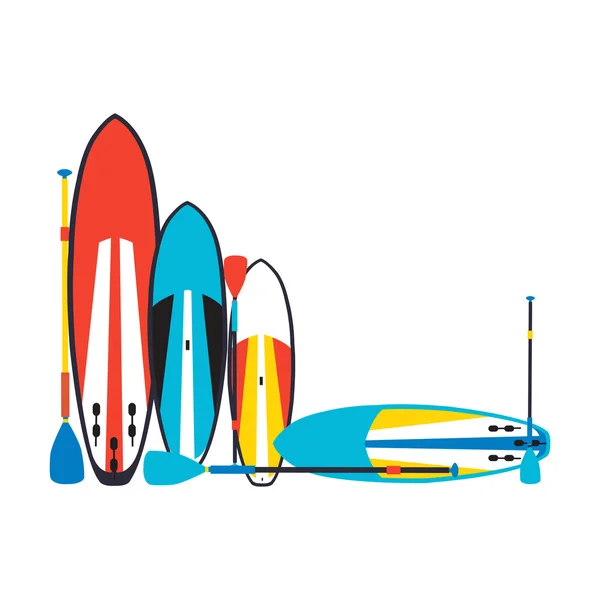 Vector illustration of stand up paddle boards and paddles set  i — Stock Vector