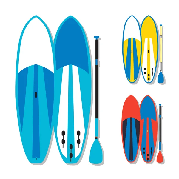 Vector illustration of stand up paddle boards and paddles set in — Stock Vector