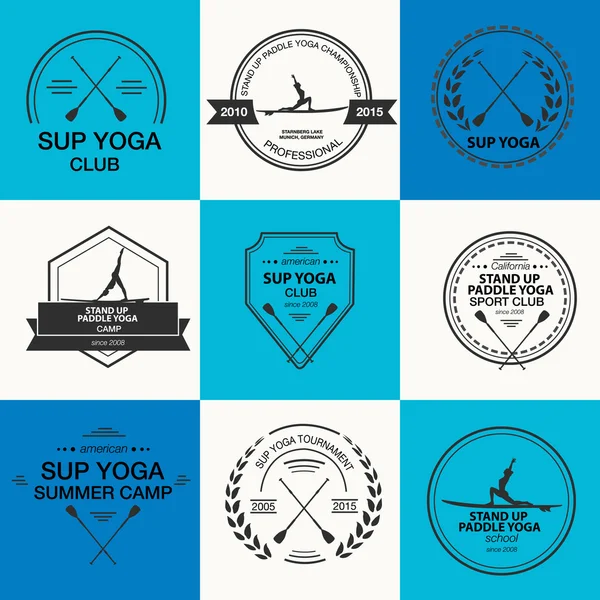 Conjunto de diferentes modelos de logotipos para stand up paddle ioga — Vetor de Stock