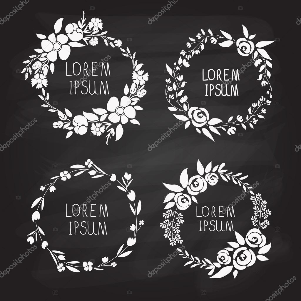 Vector illustration of a floral set with wreath and blackboard background