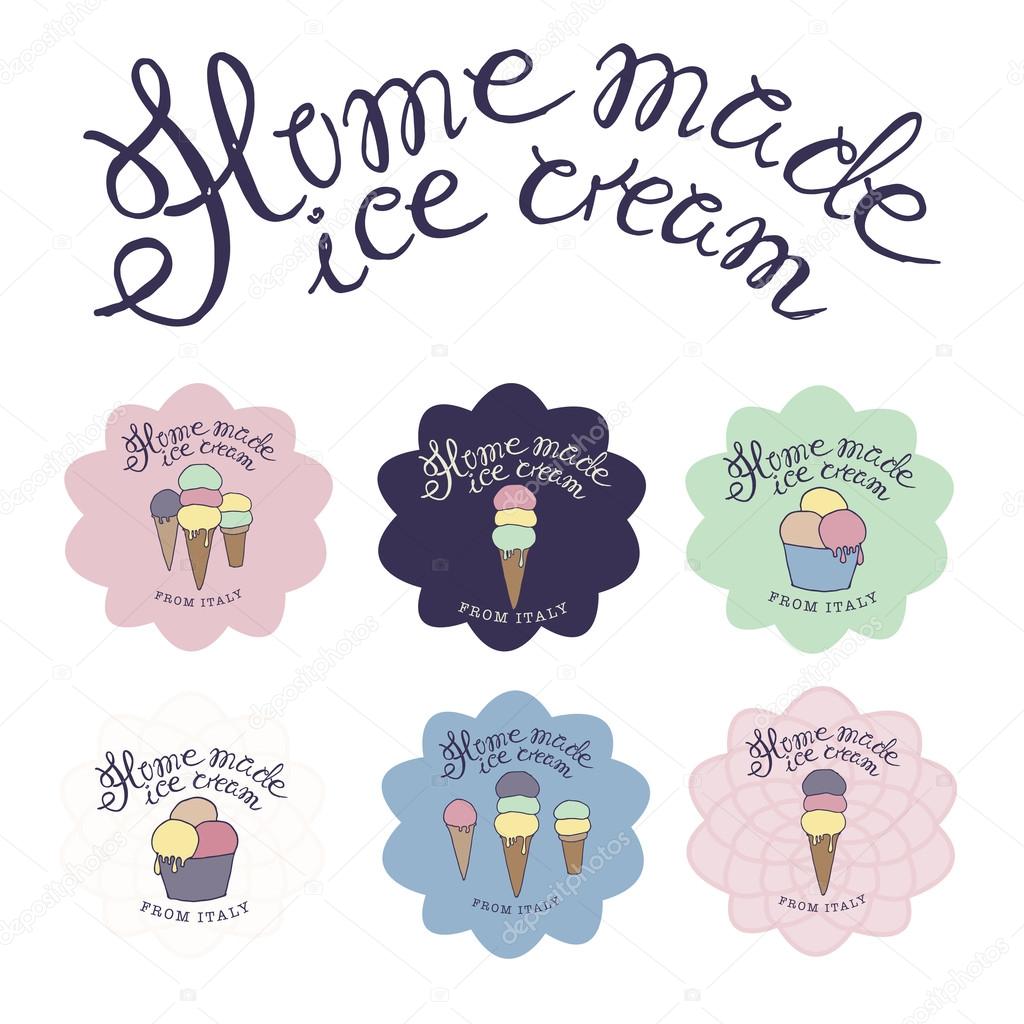 Vector hand drawn sketched  illustration of six hand-made ice cream logo