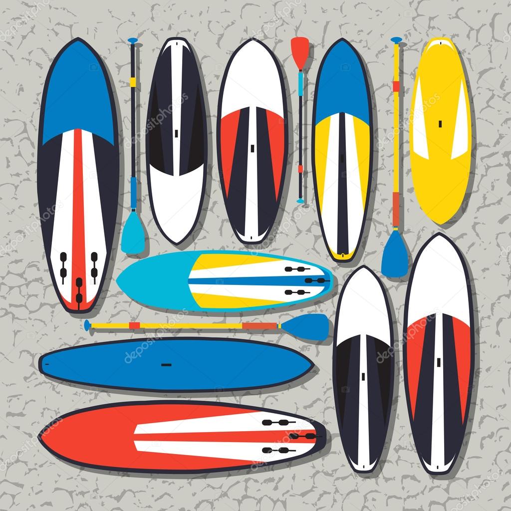 vector illustration of stand up paddle boards and paddles set in