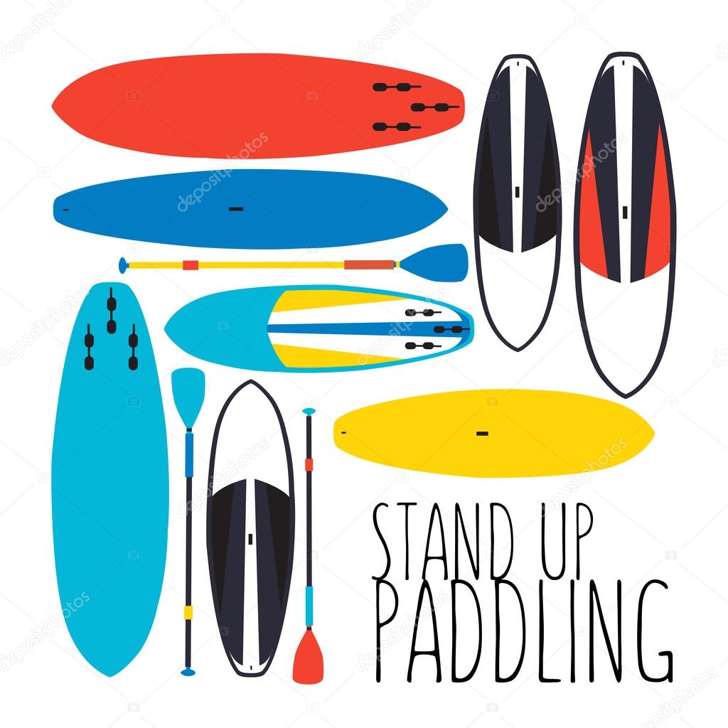 ilustración vectorial de stand up paddle boards y paddles establecidos ...