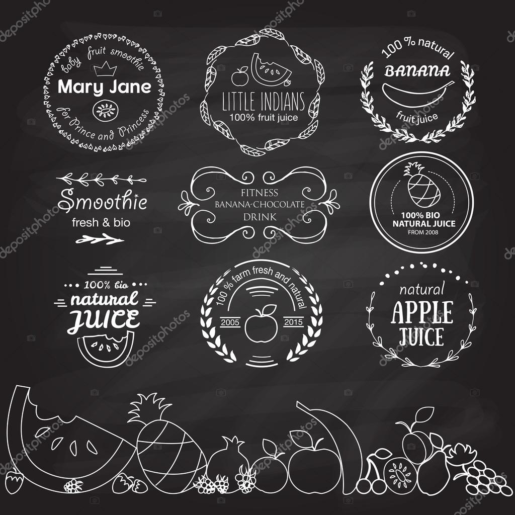 Set of different hand drawn logotype templates for fruit smoothie and juice. Vector fruit labels and badges. Vector flat design style illustration of icons. Template for personal card or print