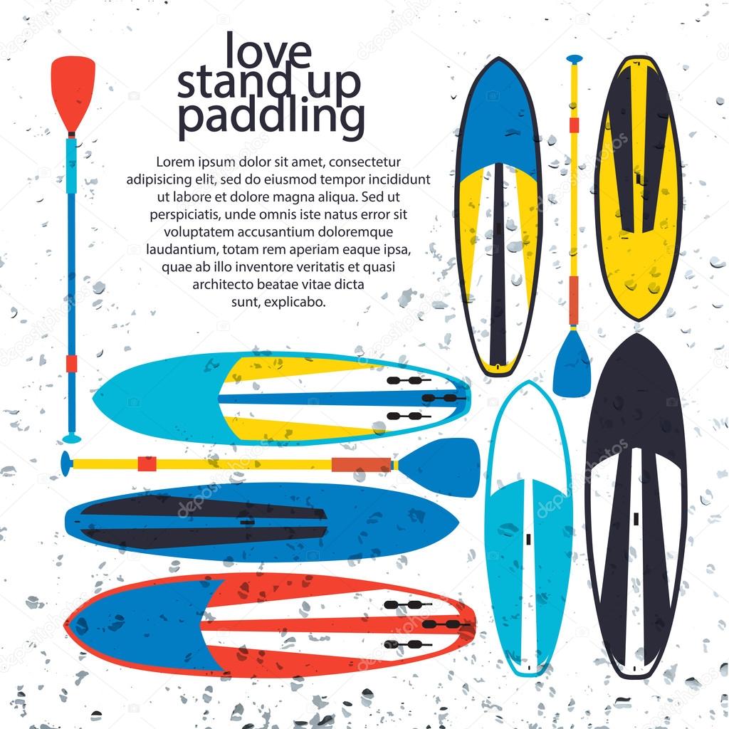 Vector illustration of stand up paddle boards and paddles set in
