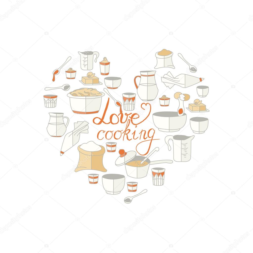 vector illustration of kitchen utensils  as heart with signature