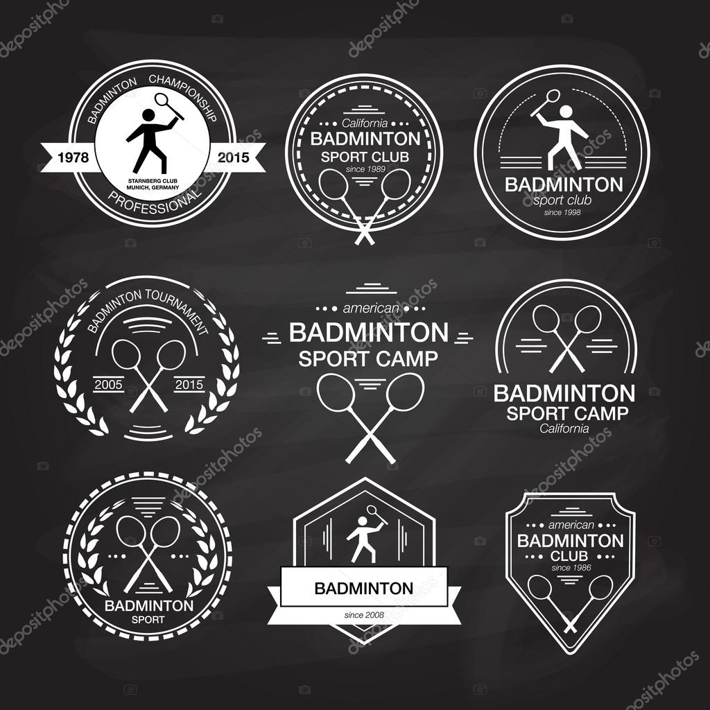Set of different logotype templates for badminton. Vector flat design style illustration of icons for postcard, personal card or print. Badminton symbols including racket, silhouette of a man serving