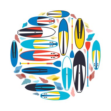 vector illustration of stand up paddle boards and paddles set in