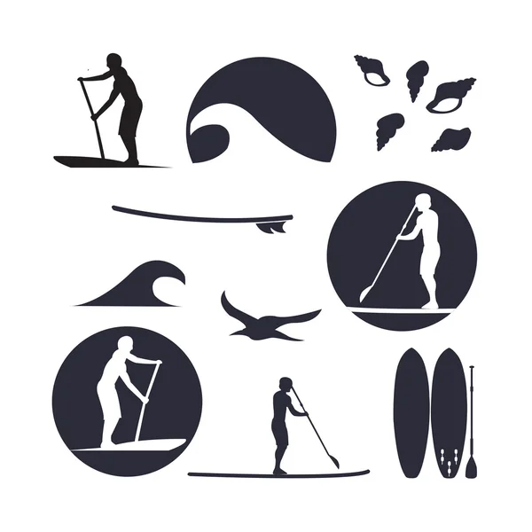 Vector illustration of stand up paddling silhouette icon set in — Stock Vector